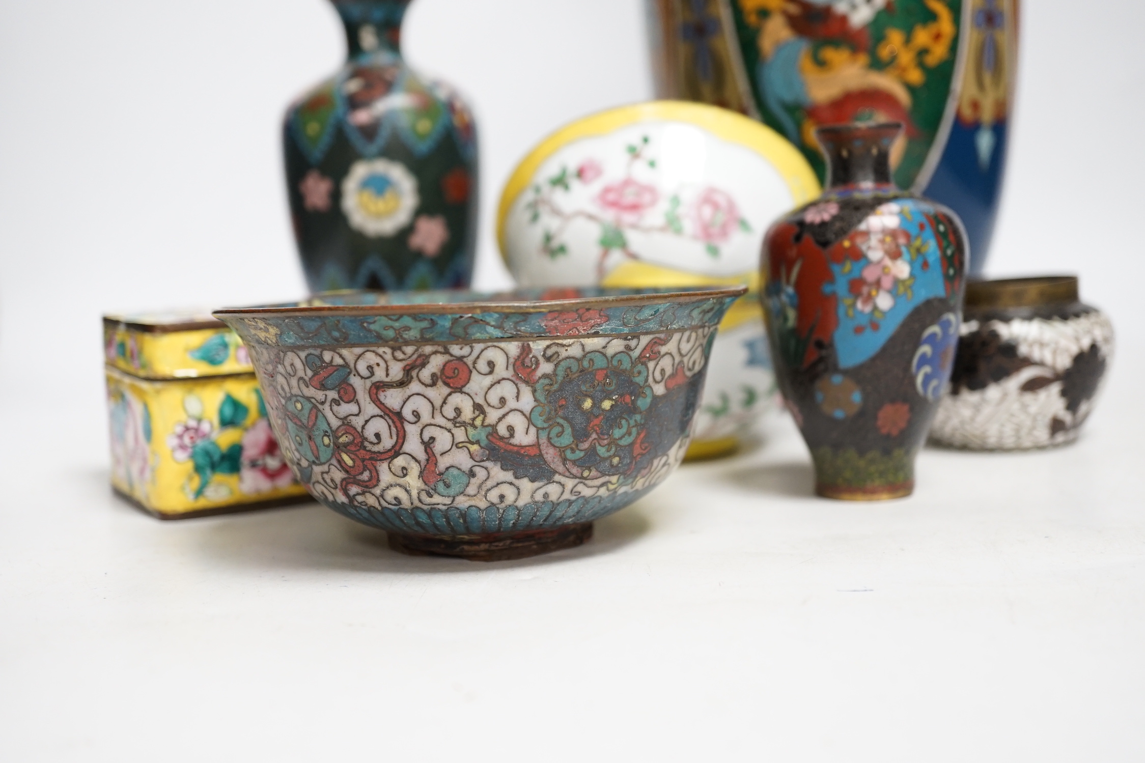 Four Japanese cloisonné enamel vases and a similar bowl and two Canton enamel bowls and similar box and cover, tallest 30cm high